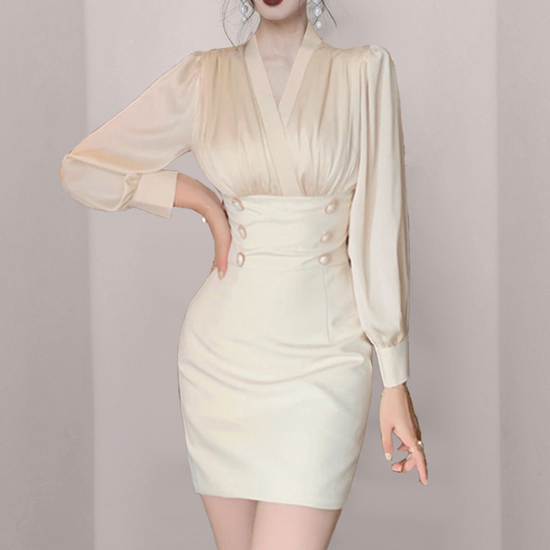 Women's Spring Package Hip Mini Dresses Korean High Waist Double Breasted Elegant Vintage Vestido Da Festa 210520