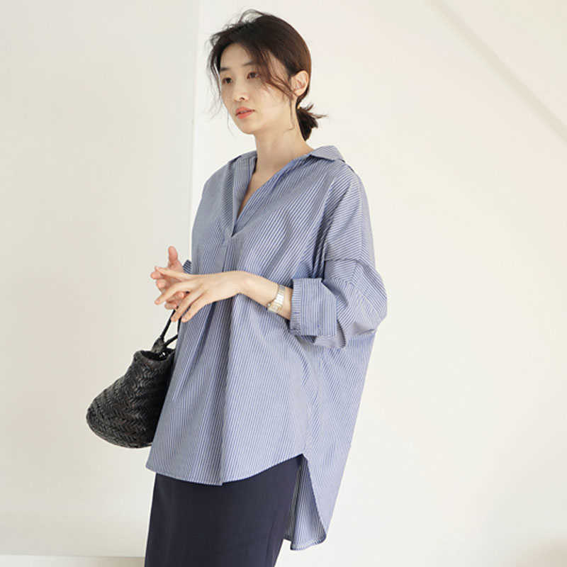 Stripe Long Sleeve Shirt Women's Korean Loose V-neck Back Button Down Pullover Plus Size Women s 210615