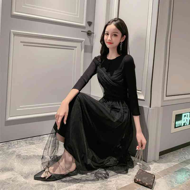 Autumn Elegant mesh knitted dress for women Long Sleeve sexy Patchwork Sweater Dress women's Casual female 210428