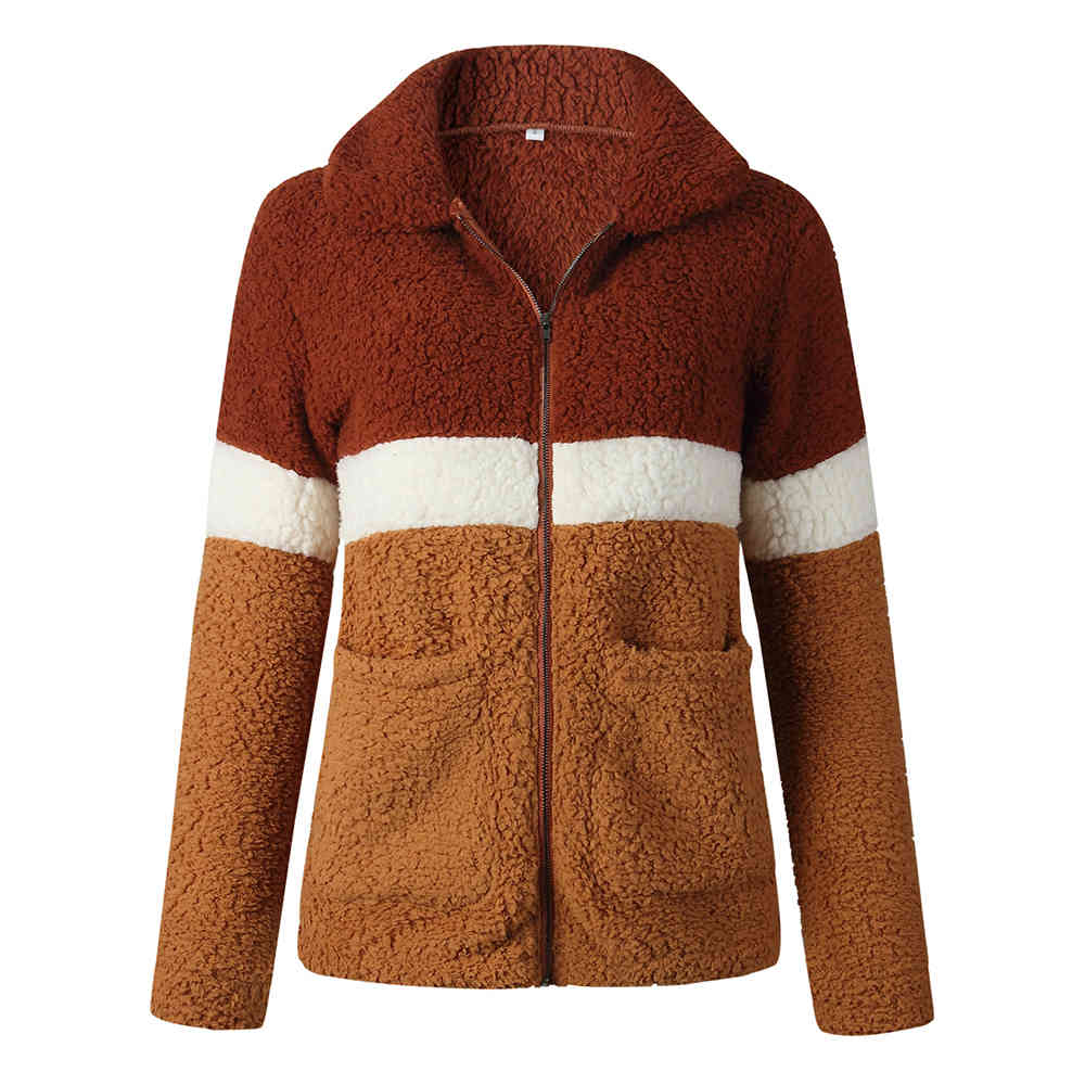 Color Block Warm Thick Faux Fur Zipper Hoodies Caual Pockets Teddy Jacket Elegant Coat Fashion Patchwork Outwear 210428