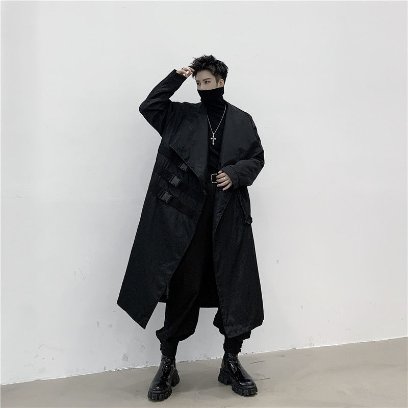 IEFB Big Lapel Black Long Trench Coat For Men Spring Carabiner Decorative Pockets Loose Big Size Windbreaker 9Y4708 210524