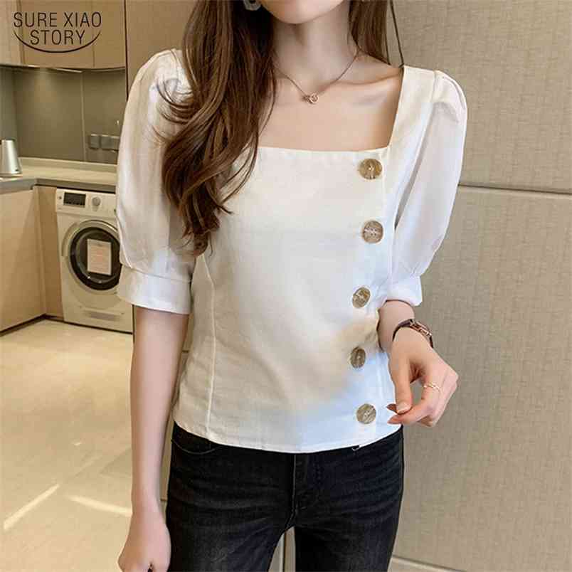 Korean Puff Sleeve Solid Button Shirts Vintage Linen Cotton Shirt Woman's Blouses Slim Short Top Ropa De Mujer 9637 210506