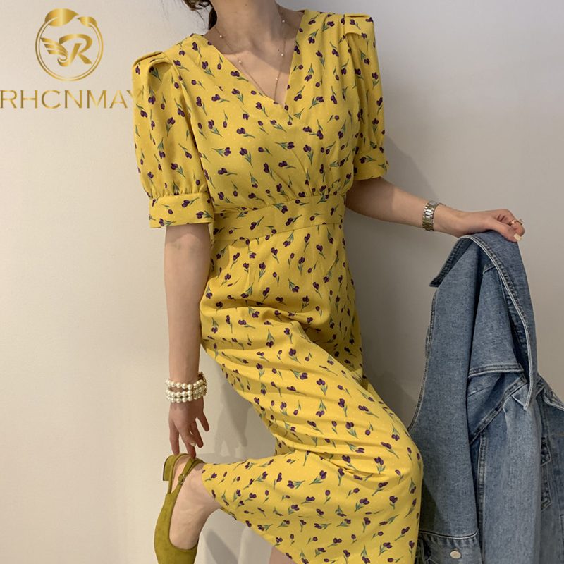 fashion flower print dress women elegant v neck puff sleeve ladies vestidos summer 2021 fashion slim waist female dressesswimwear bathing su, Black;gray 
fashion flower print dress women elegant v neck puff sleeve ladies vestidos summer 2021 fashion slim waist female dressesswimwear bathing su, Black;gray