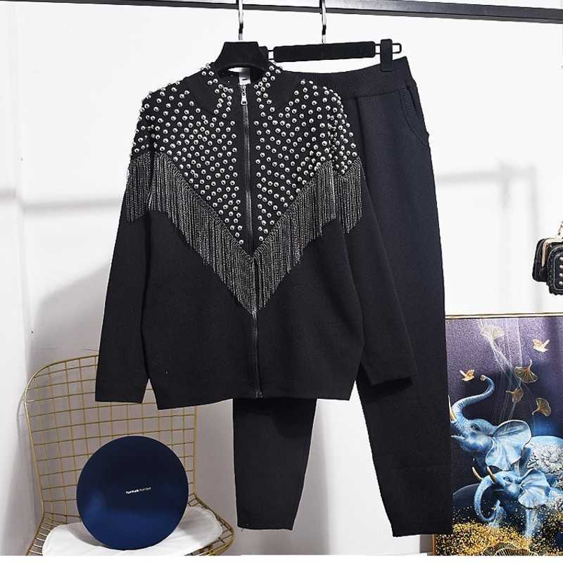 Autumn Winter Women's Sweater Set Fashion Diamond Tassel Long sleeve Knitted Cardigan Coat Casual Pants Two Piece Women 210601, Black
Autumn Winter Women's Sweater Set Fashion Diamond Tassel Long sleeve Knitted Cardigan Coat Casual Pants Two Piece Women 210601, Black