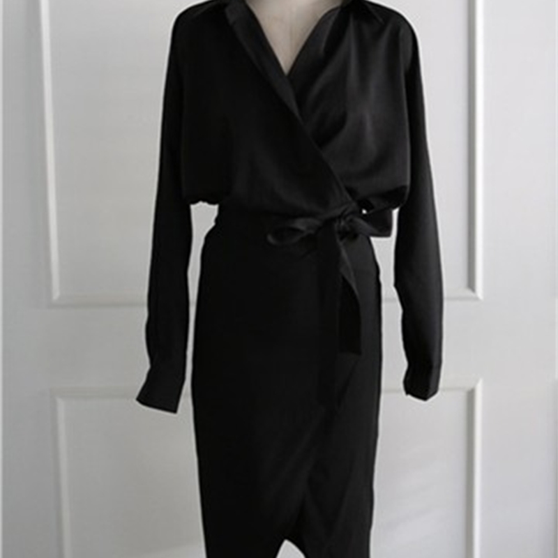 Autumn Work Wear pencil Dress fashion V-Neck Bowknot Midi Length Long Sleeve Office OL Dresses Vestidos Robe 210519