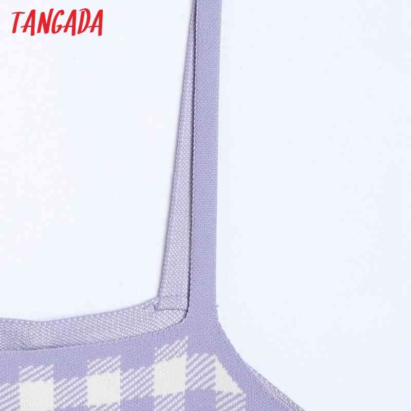 Women Purple Plaid Knit Camis Crop Top Spaghetti Strap Sleeveless Backless Shirts Female Casual Tops 6H11 210416