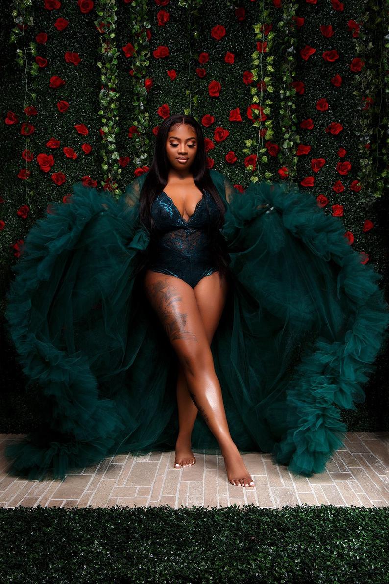 Dark Green Evening Dresses Long Sleeves See Through Women Dress Plus Size Lingerie Bathrobe Nightwear Maternity Gowns