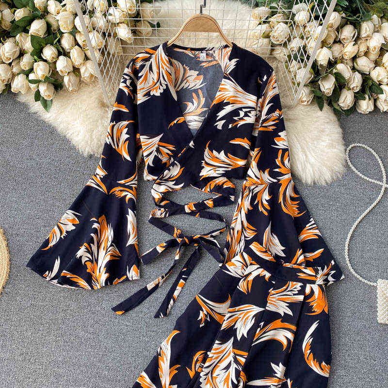 Bohemian Vacation Beach Two Piece Set Women Sexy V-Neck Bandage Short Tops + High Waist Split Wide Leg Pant Suit Spring Autumn 211106