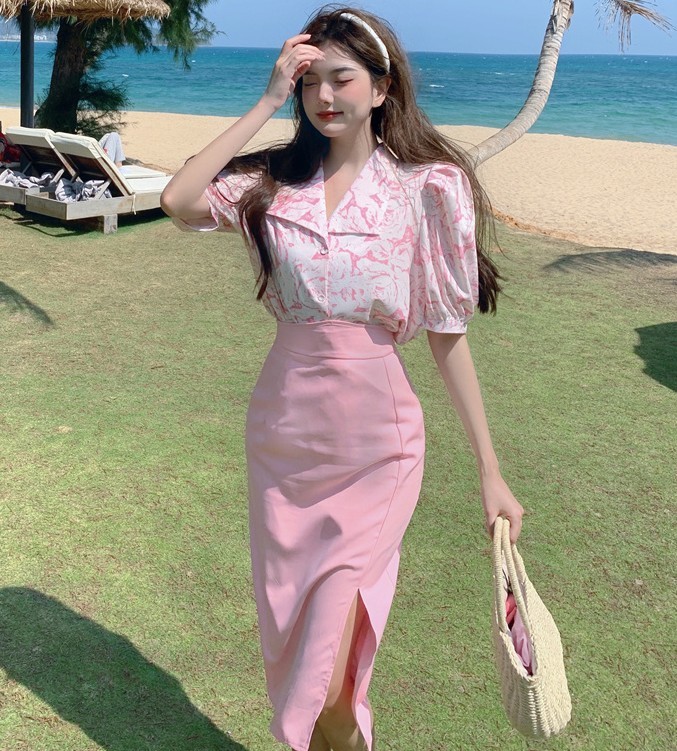 Summer Women Casual Two Piece Set Sweet Flowers Puff Sleeve Chiffon Shirt Top + High Wiast Bodycon Pencil Skirt Ladies 210518