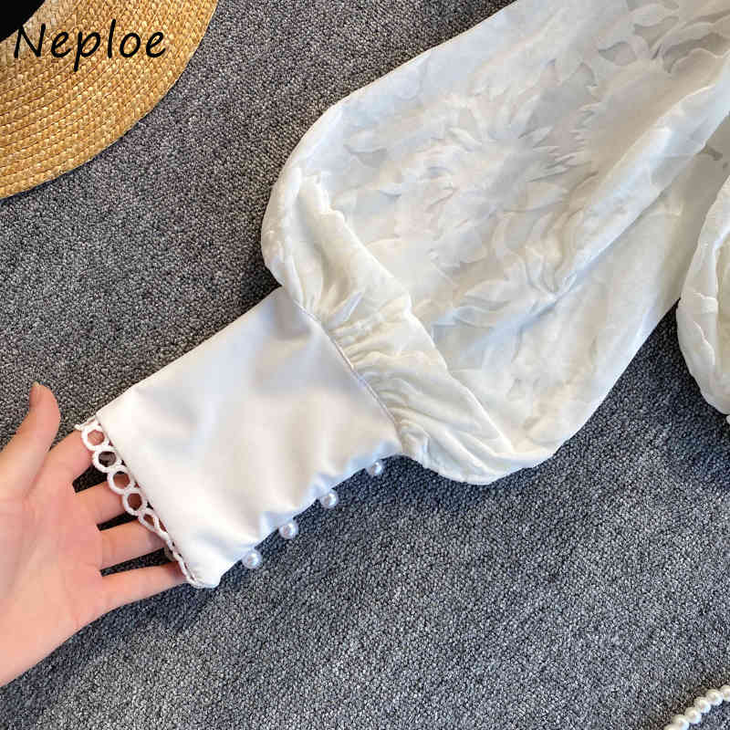 Elegant Lace Hook Flower Loose Blouse Women Stand Collar Lantern Long Sleeve Blusas Spring Shirt Feminino 210422