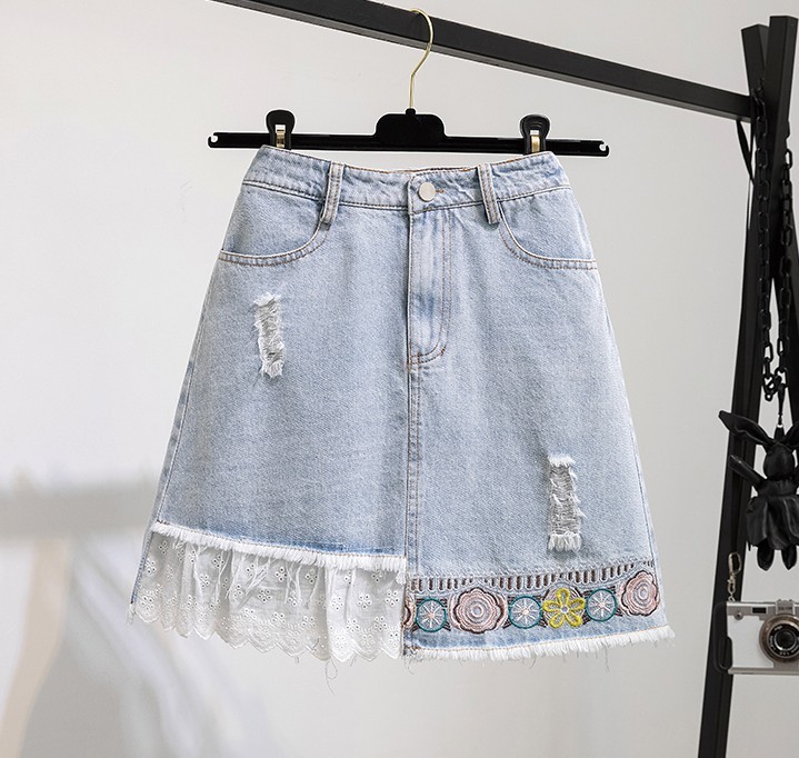 Korean Summer 2 Piece Set Fashion Plaid Ruffles Embroidery T-Shirt V-Neck Shirt Top + High Waist Denim Mini Skirts Suit 210519