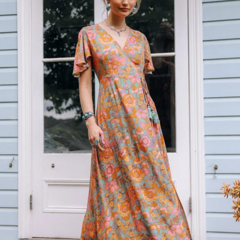 Happie Queens Women Floral Print Sashes Beach Bohemian Maxi Dress Ladies Rayon Cotton Pleated Boho Vestidos Casual Dresses