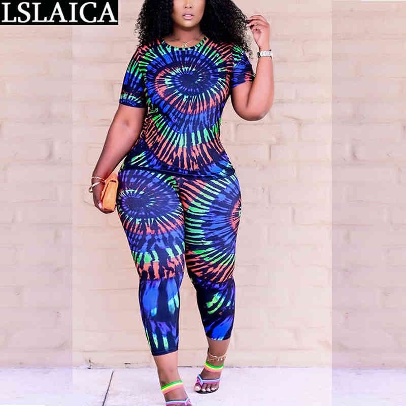 Drop Summer Suit Short Sleeve T-shirt Long Pants Tie Dye Print Plus Size Women's Sports Elegant Casual Home 210520
