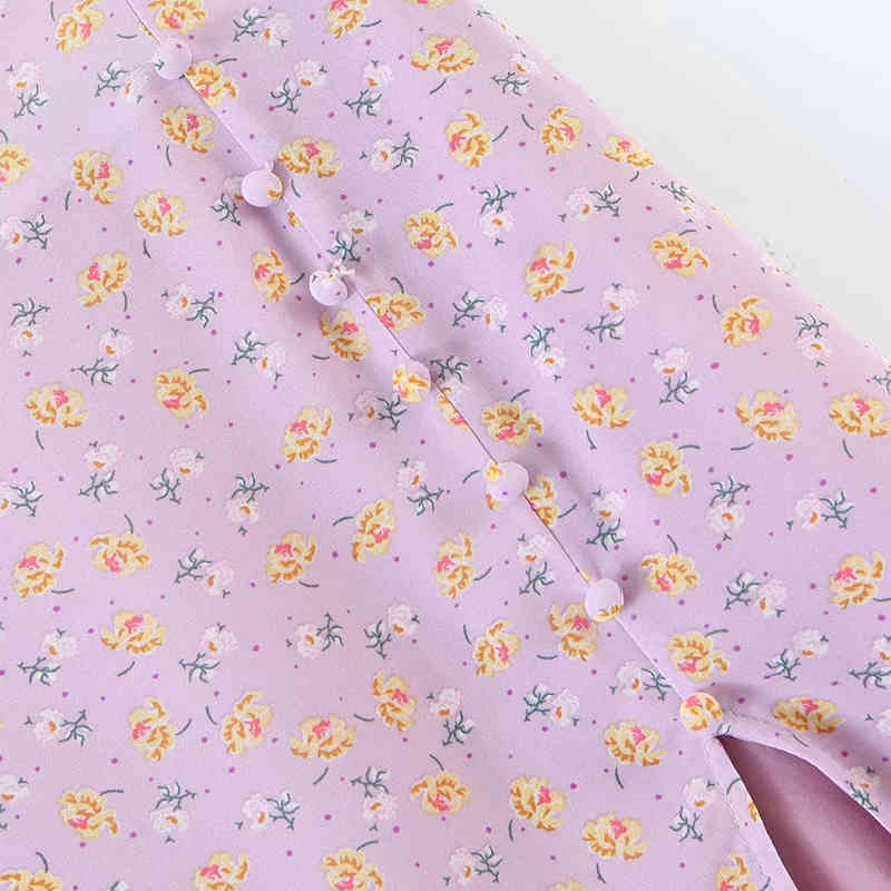 Summer Women Sexy Flower Print Side Half Slit Skirt Female Retro Fashion Button Decoration Buttocks Mini Skirt 210520