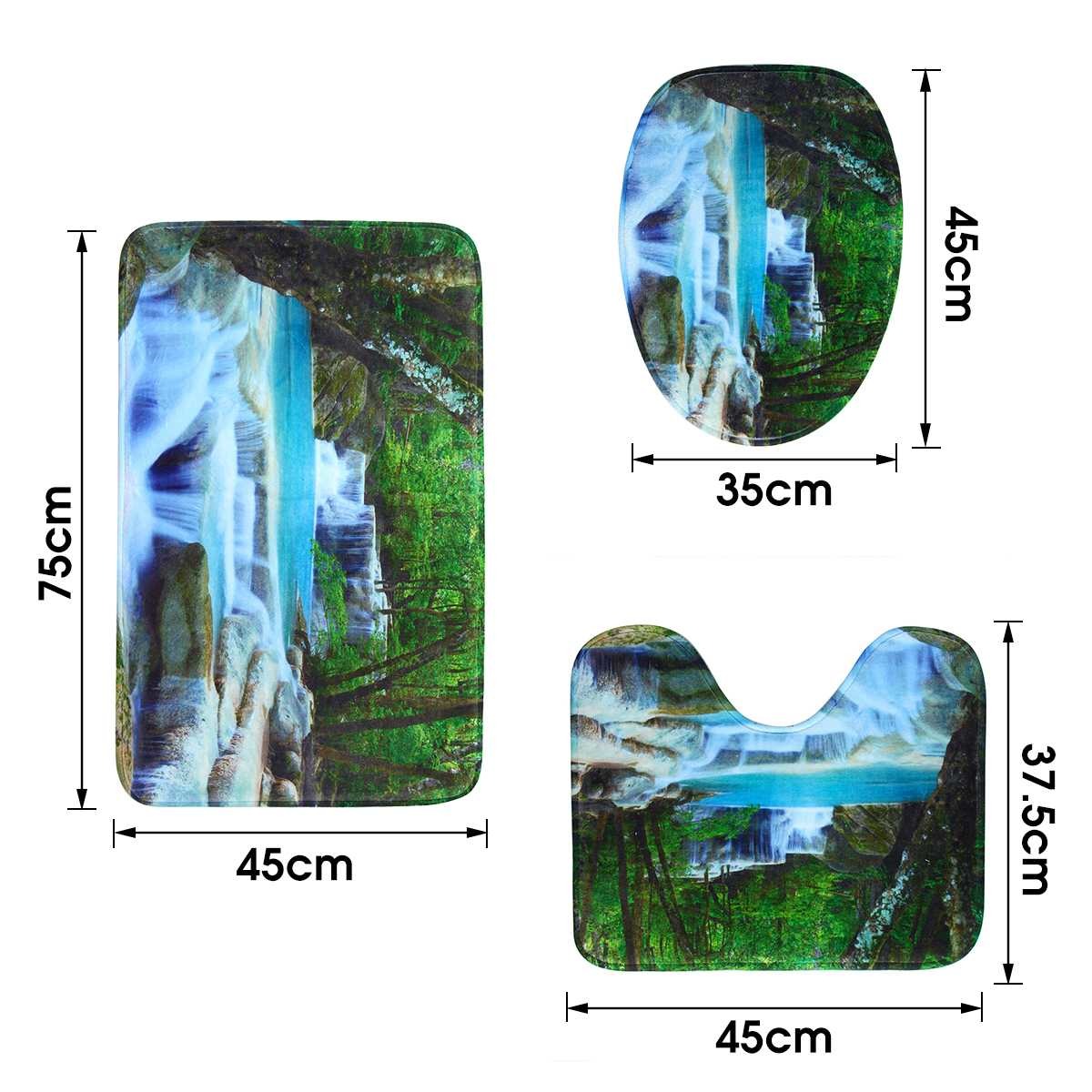 3D Waterfall Scenery Waterproof Shower Curtain Bathroom Landscape Trees Flower Bath Mat Set Pedestal Rug Lid Toilet Cover 210402