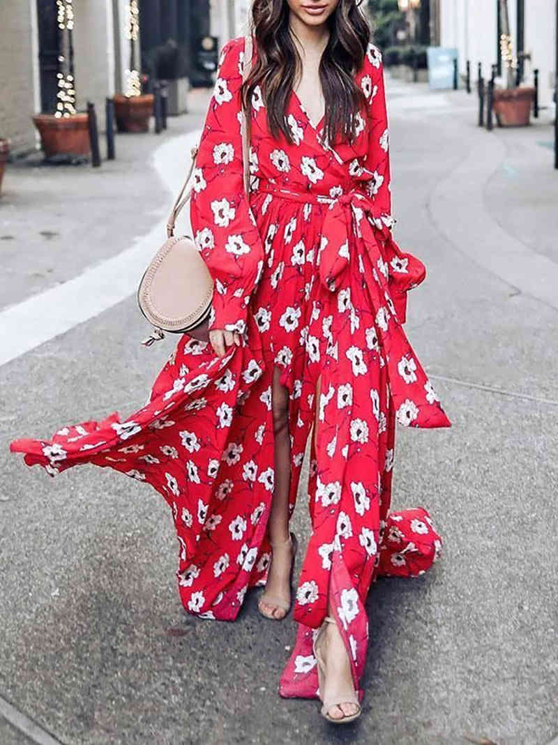 Women Dress Printed Bohemia es Sexy Long Print Floral Maxi Sleeve Lace Up Split Plus Size Summer es 210513
