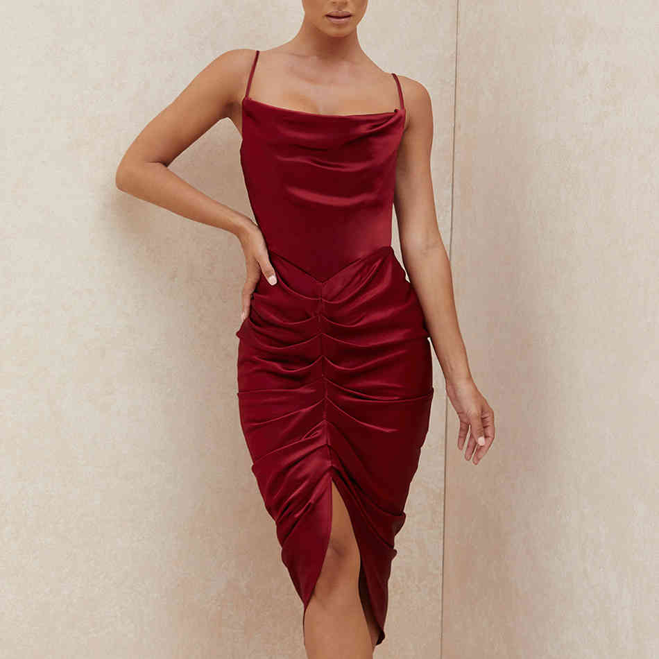 Summer Women Fashion Spaghetti Strap Dress Sexy Sleeveless Wine Red Club Celebrity Evening Party Runway Dresses 210423