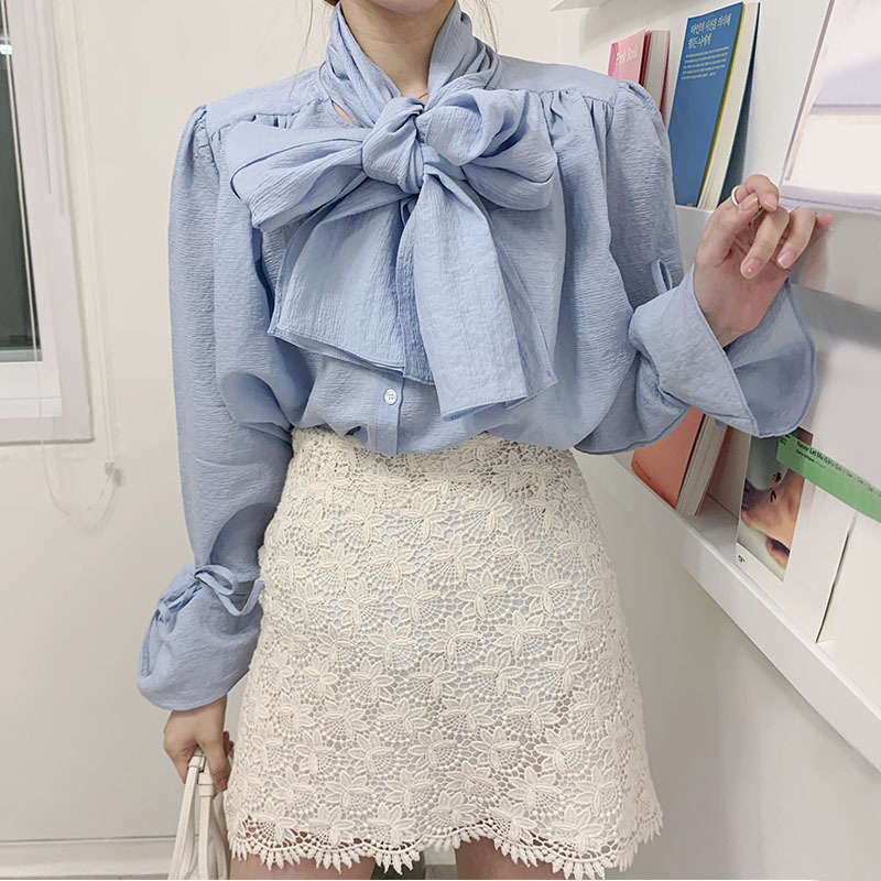 Nomikuma Womens Tops and Blouses Bow Tie Collar Flare Sleeve Shirt Spring New Causal Elegant Blusas Mujer De Moda 6E070 210427