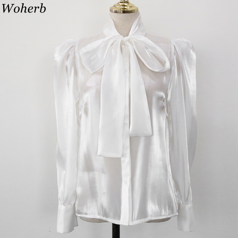 Women Shirts Spring Korean Blouses Elegant Temperament Ladies Tops Chic Bow See Through Puff Sleeve Blouse 4l267 210519
