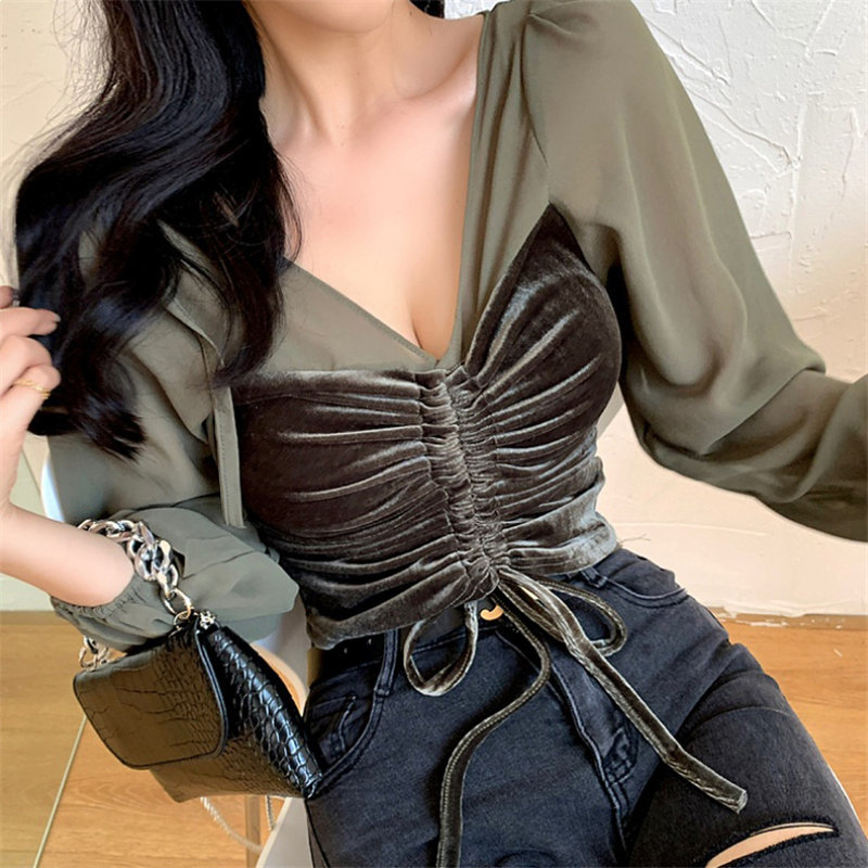 High Waist Autumn V-Neck Lantern Sleeves Slim Velvet Women Sexy Female Basic Brief Tops T-shirt 210421