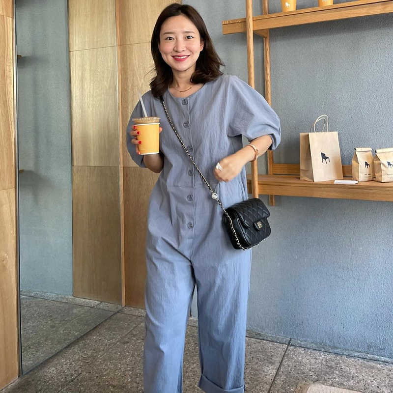Korejpaa Women Jumpsuits Summer Korean Chic Ladies Niche Round Neck Loose Straight Single-Breasted Lantern Sleeve Jumpsuit 210526