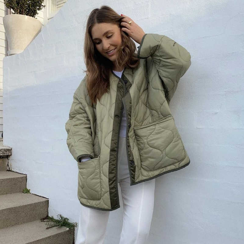 Autumn Winter Women's Loose Jackets Thin Parka Oversize Coats Round Neck Outwear Female Long Sleeve Cotton Clothing 211018