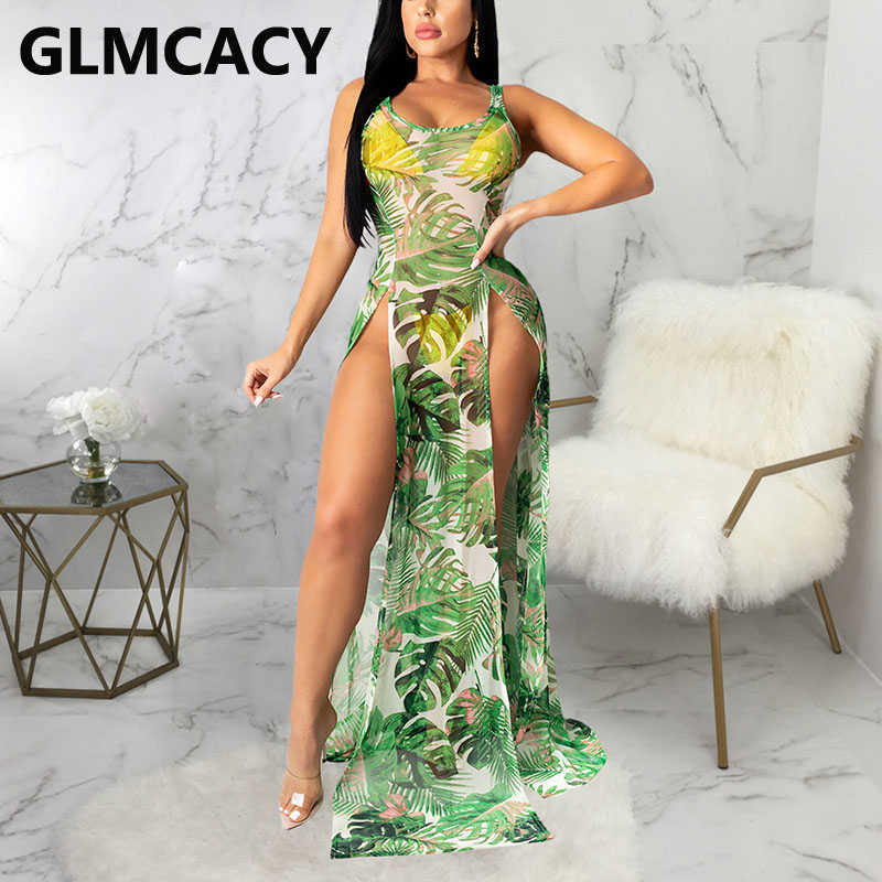 Women Tropical Printed Mesh Dress Sleeveless High Slit Maxi Dress 210702