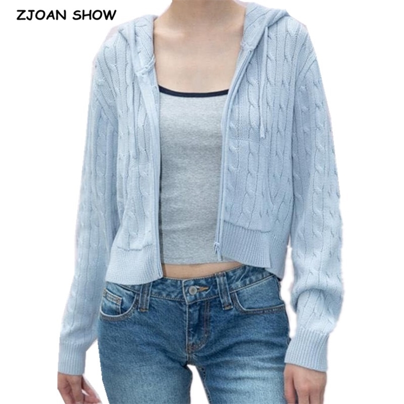 Autumn 90s Vintage Striped Twist Knitting Hooded Cardigan Cropped Women Pockets Zipper Sweater Long sleeve Short Jumper 210429, Sky blue
Autumn 90s Vintage Striped Twist Knitting Hooded Cardigan Cropped Women Pockets Zipper Sweater Long sleeve Short Jumper 210429, Sky blue