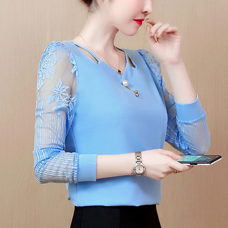 Lace women V neck shirts hollowed-out chiffon blouse 's long sleeve tops and blouses blusas plus size 2314 50 210427