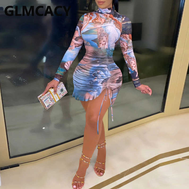 Women Long Sleeve Abstract Bodycon Mini Dress 210702