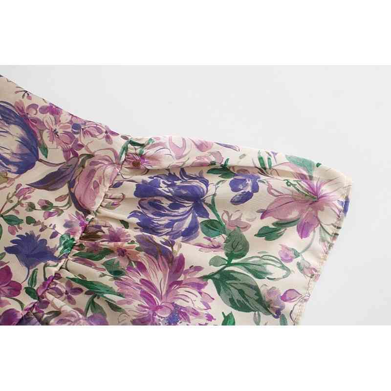 Retro Purple Flower Print Stitching Ruffles Ruched Waist Long sleeve Like Silk Short Dress Woman French Mini Tea Dresses 210429