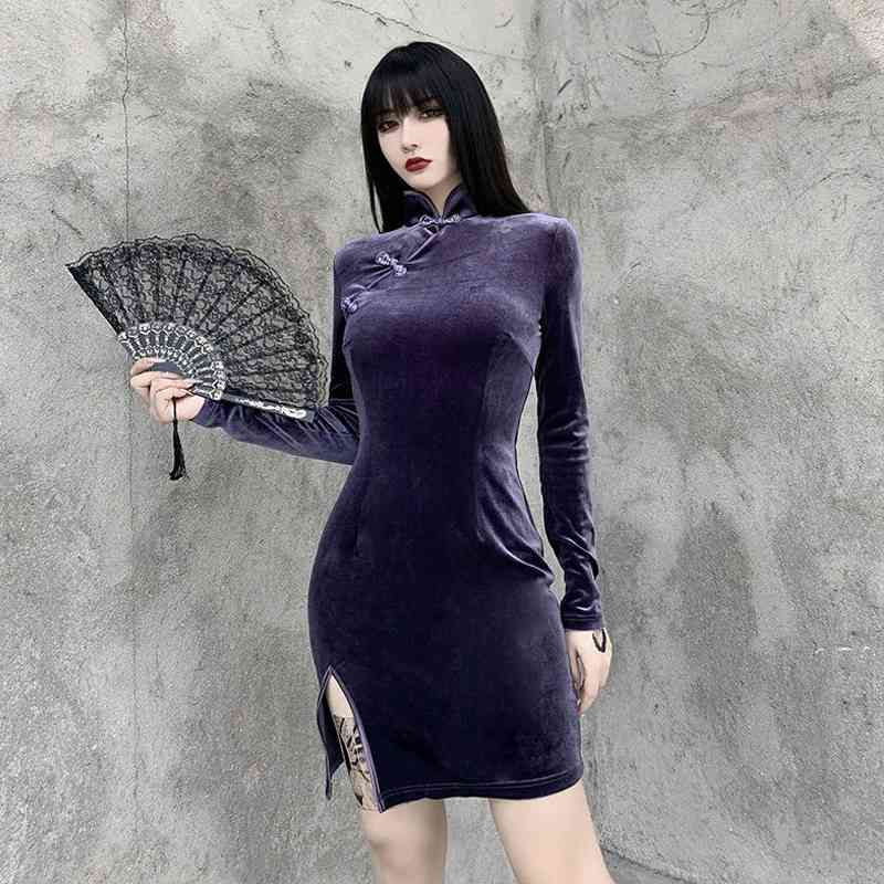 Spring Chinese Style cheongsam Mini Dress Sexy Gothic Long Sleeve Mandarin Collar Sheath Button Black Split Women 210521