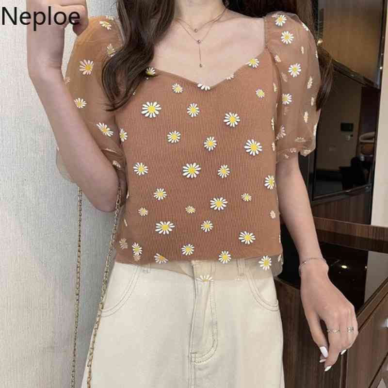 Neploe Korean Fashion Shirt Sweet Chic Gauze Patchwork Knit Short Sleeve T Shirts Women Summer Loose Square Collar Pullover Tops 210422