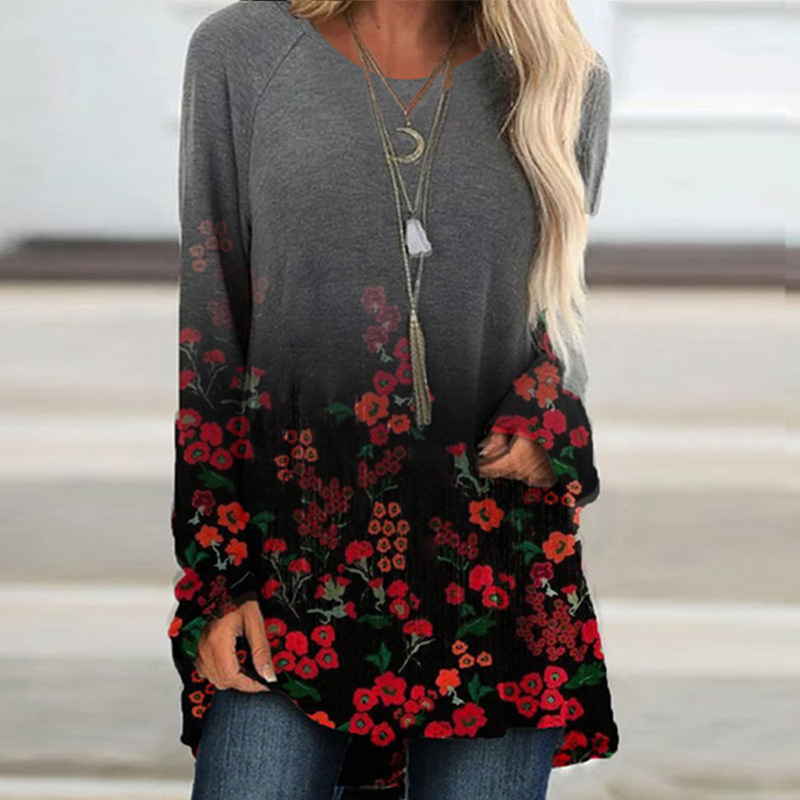 Ladies T-Shirt Spring Fashion Vintage Print Flower Women's Clothing Long Sleeves Tops Casual Plus Size Comfortable Tops 210515
