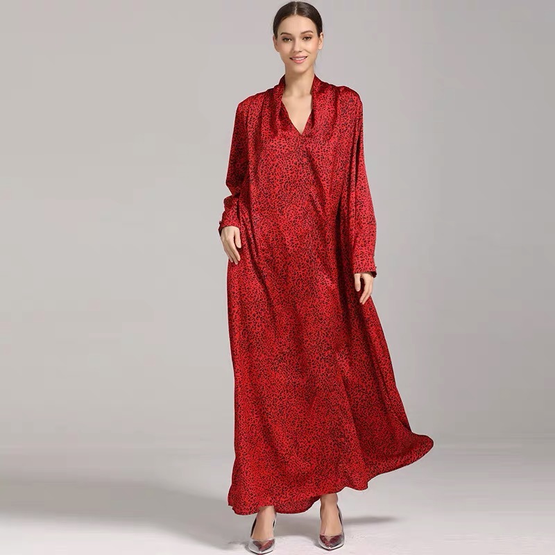 Spring Summer Women Dress Red Maxi Leopard Long V-neck Full Sleeve Vestido Verano Style Runway Party Belt 210421
