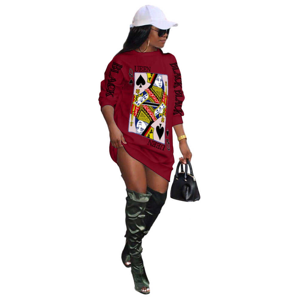 Poker Print Casual Tshirt Dress Women Loose Streetwear Long Sleeve T Shirt with Black Queen Letter 211022