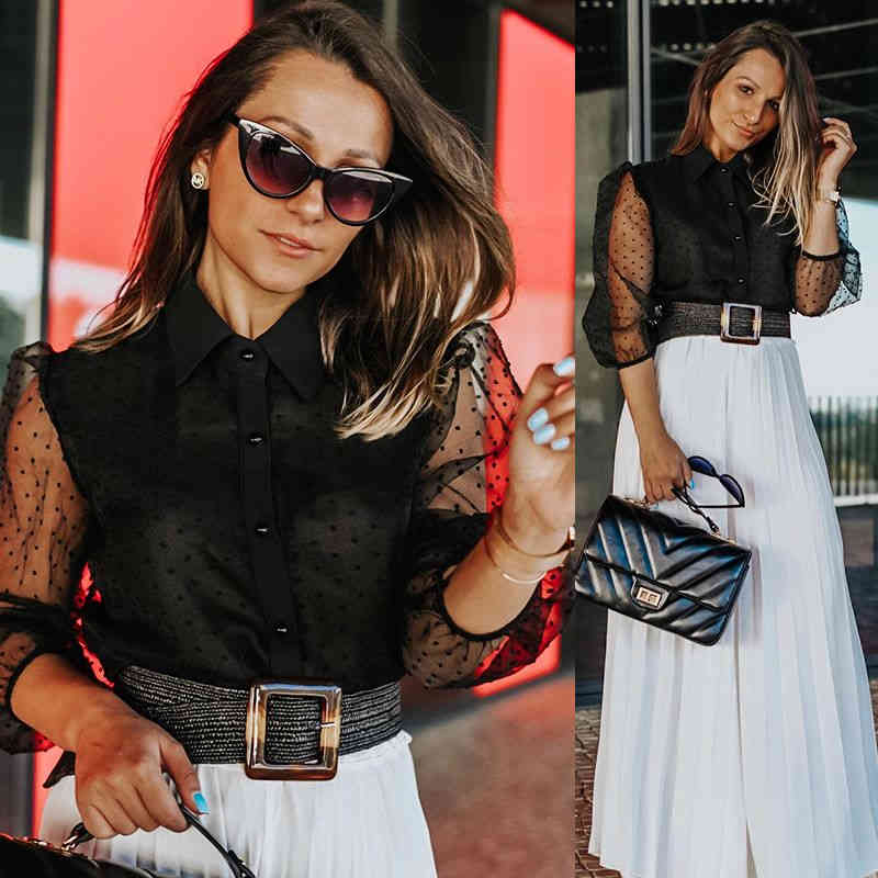 Women White Lace Blouses Dot Embroidery Blouse Shirt Sexy See Through Mesh Chic Tops Blusas Lantren Sleeve Loose 210508