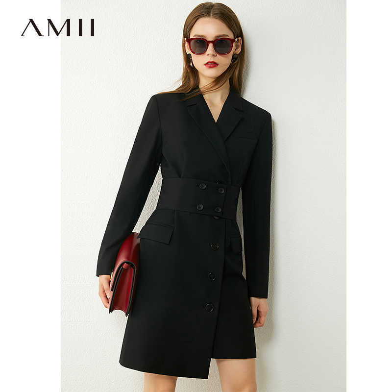 Minimalism Autumn Women's Suit Dress Solid Lapel Belt Knee-length Fashion Double Breasted Coat 12030296 210527
