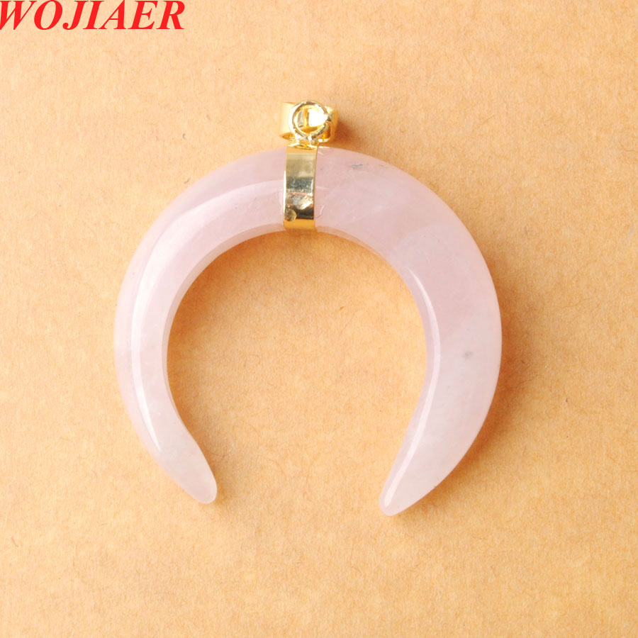 WOJIAER Crescent Moon Pendants & Necklaces Natural Lapis Lazuli Rose Quartz Opalite Stones Gold Color Women Jewelry BO951