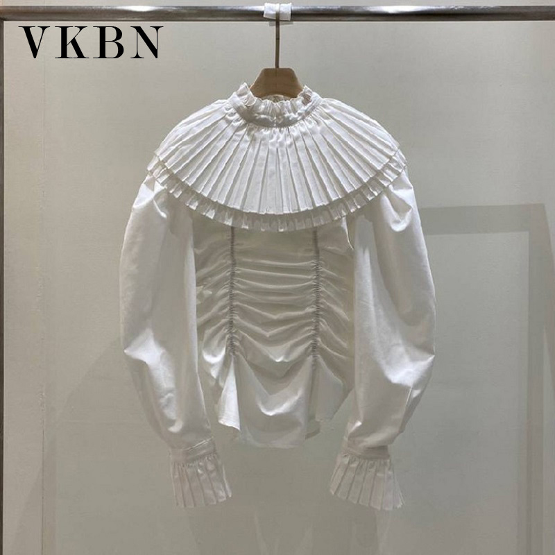 VKBN Spring Autumn Korean Fashion Clothing Plus Size Long Sleeve Women Shirts Blouses Mandarin Collar Flare Sleeve 210507