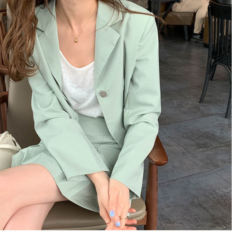 2pcs SM women Blazer Skirt set spring autumn Preppy style pink Green blazer+mini skirts two pieces Clothing set (X1875) 210423