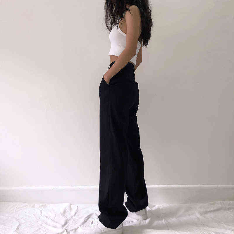 Fashion Straight Suit Women Pants High Waist Casual Office Lady Full Length Wide Leg Loose Female Black Mom Trousers 211124