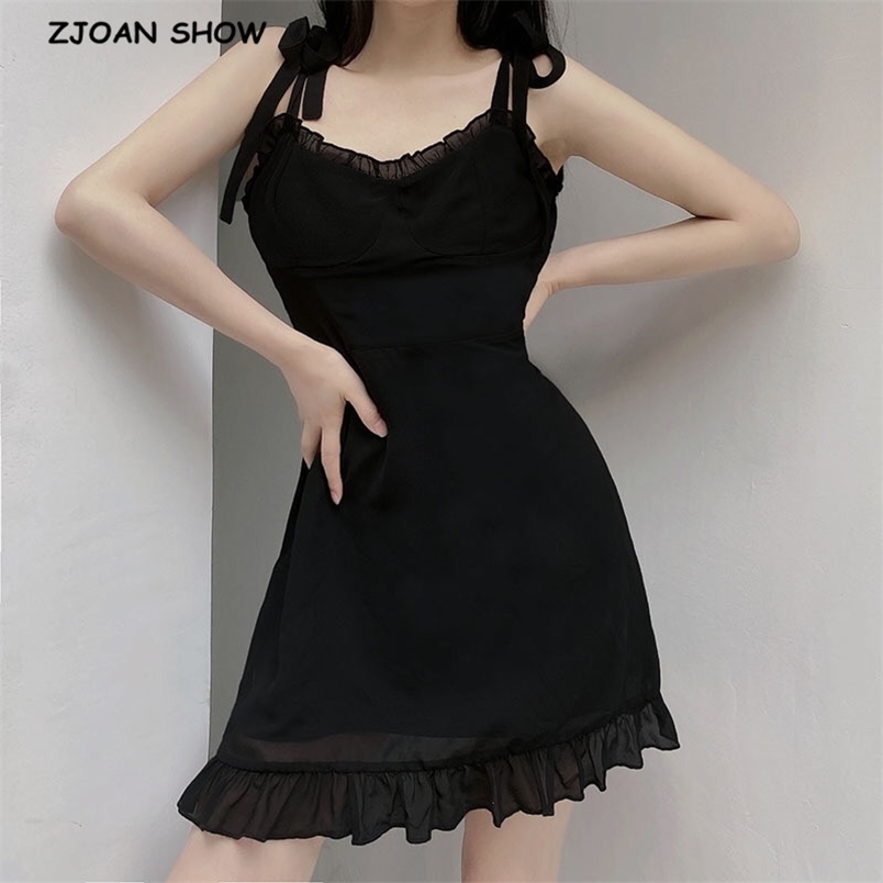France Style Vintage Black Wood ears Ruffled Lace Sling Slim Temperament Dress 210429