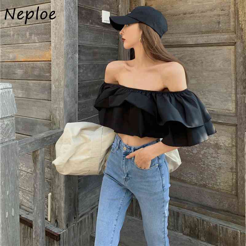 Neploe Sexy Slash Neck Shoulder Strapless Solid Blouse Women Ruffles Patchwork Elegant Blusas Summer Solid Shirt Femme 210510