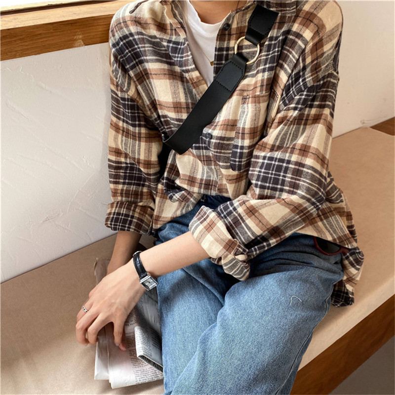 Shirt Women Formal Basic Office Ladies Tops Loose Casual Long Sleeve Plaid Blouse Female Blusas Camisas Mujer 210421