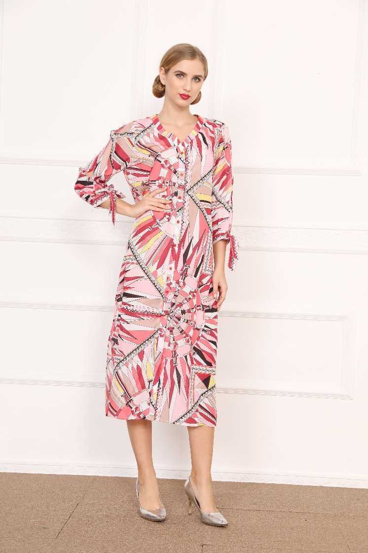 Printed V Neck Full Cuff Hip Print Mid Calf Dress for Women 210615Z