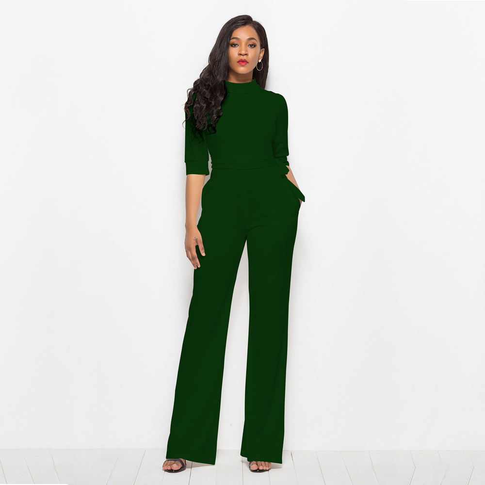 Stand Collar Half Sleeve Autumn Jumpsuit Wide Leg Casual Slim Women's Overalls Elegant Bandage Office Lady Pockets Plus Size 3XL 210522