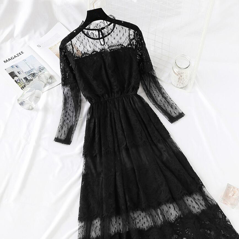 Black White Lace Dress Party Women Elegant Cake Lotus Leaf Collar Midi Fairy Mesh Dresses Elastic Waist Spring Summer Vestidos 210521