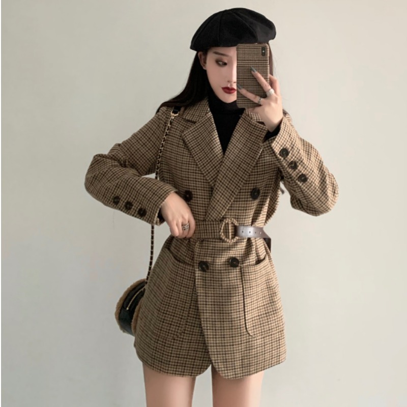 Autumn Vintage Houndstooth Women Jacket Coat Double-Breasted With Belt Long Sleeve Pockets Femme Mujer Chaqueta 210520