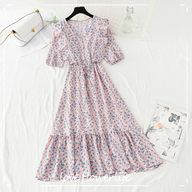 Small Fresh Floral Dress Summer Short Sleeve Elegant Ladies V-neck Chiffon Long Dress Party Vestidos Sweet Woman Clothes 210521